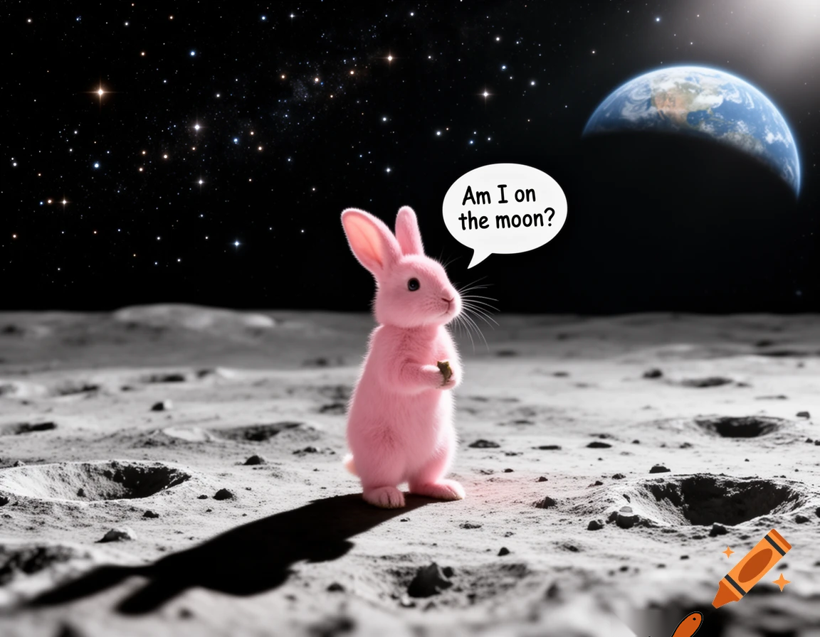 pink rabbit on the moon saying am i on the moon