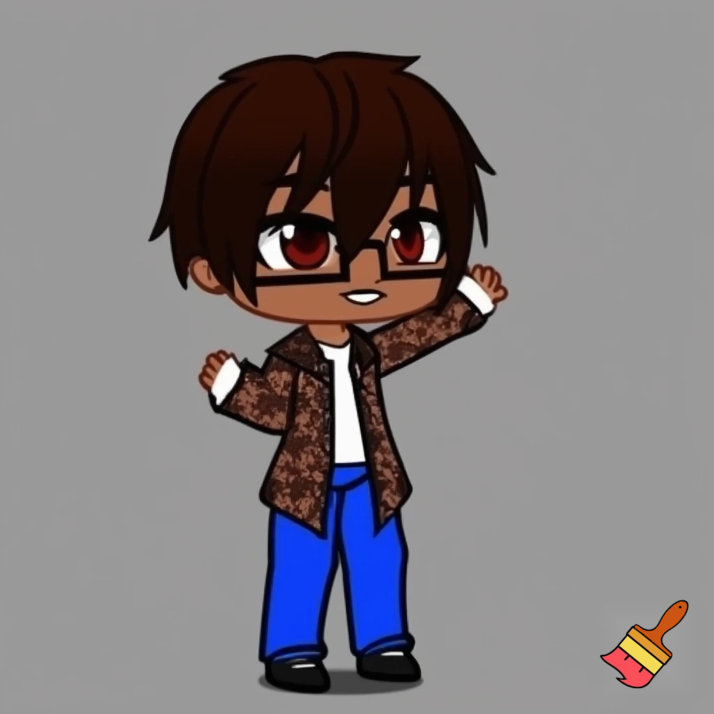 A Gacha brown skinned boy with dark brown hair, brown glasses and a brown pattern jacket with a white shirt, blue pants and black shoes. Waving at the camera 