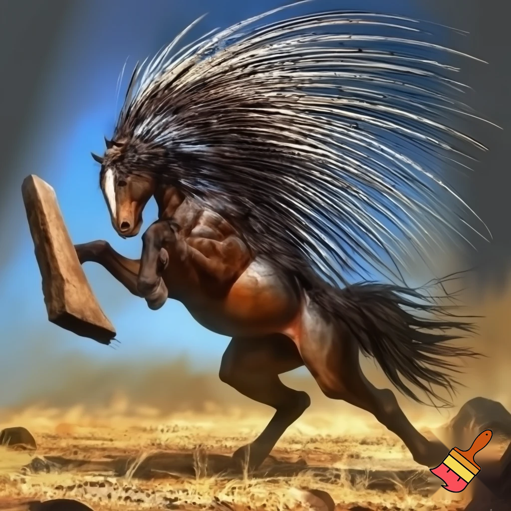 Half porcupine half horse kicking swinging a wooden board