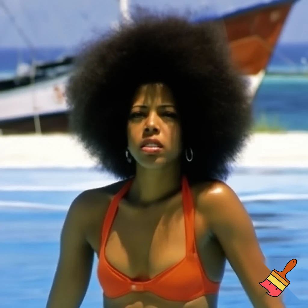 Kelis with a Voluminous Curly hair Afro wearing a orange bathing suit at the beach in the pool with the boat in the background 