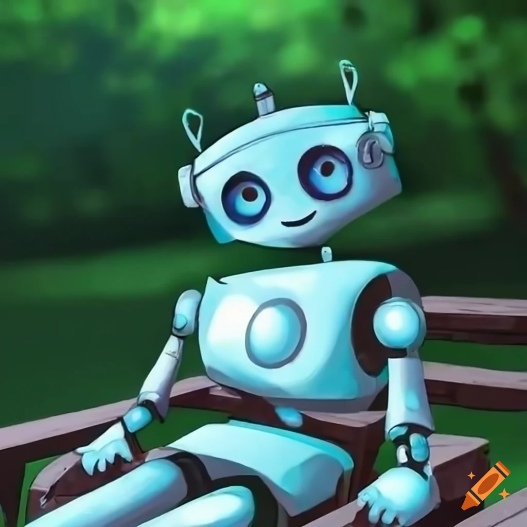 A cute robot sitting on a bench in summer park, resting its feet
