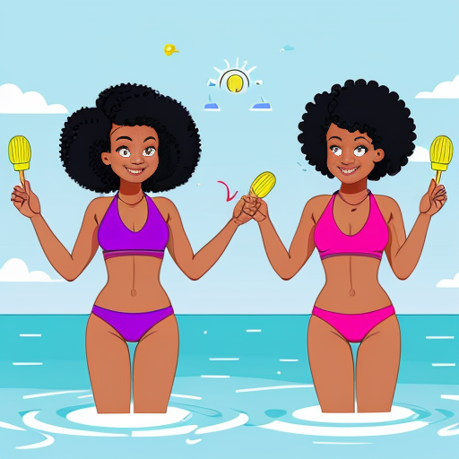Two young small girls, one with dark skin, black curly hair and red two-piece swimsuit, and the other with light skin, blonde straight hair and blue two-piece swimsuit, they are playing in the sea, cartoon-style bold line work, vibrant colors, cel shading