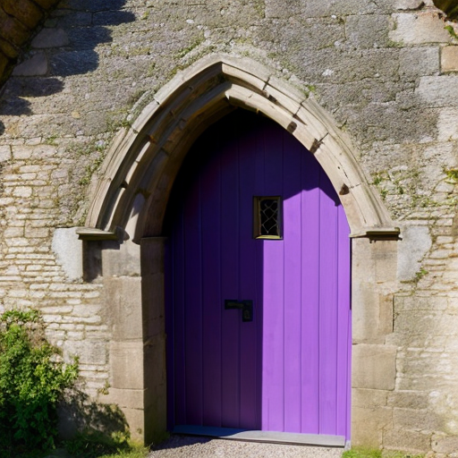 Oak door under a medieval bridge with purple portal inside 
