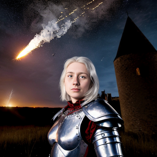 young white-haired woman in armor watches as meteorites fall on her castle