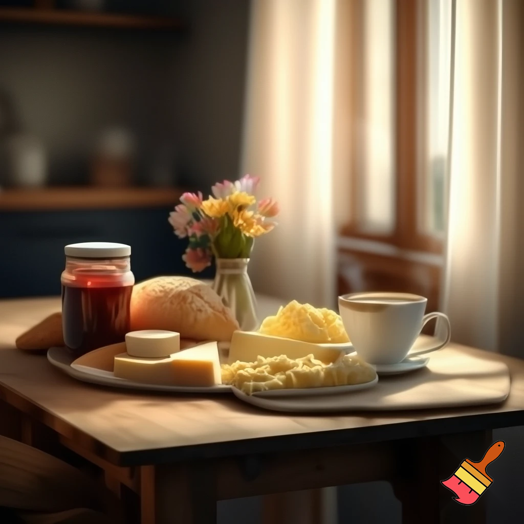"A cozy and warm breakfast scene inside a home, with a wooden table set with fresh bread, jam, cheese, butter, scrambled eggs, and a cup of tea or coffee. The surroundings feature simple and comfortable home items, such as light curtains in the window, fresh flowers on the table, and soft, natural light streaming through the window. The atmosphere is extremely homely and inviting, with warm and soft colors."