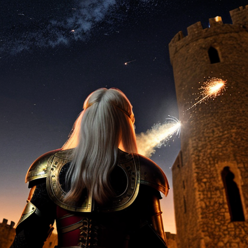 young tall white-haired woman in armor watches as meteors fall on the castle