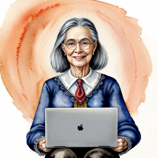 female wizard, laptop, monocle, compass, smiling, old

