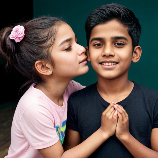 n Indian boy holding an Indian girl with his hands. 
The girl gently kisses the boy’s forehead. 
They both look like 21-year-old college students. 
The boy wears a light green shirt and black pants. 
The girl wears black pants, a sky blue top, and a black coat with shortand button closed . 
The girl’s skin tone is slightly darker than the boy’s. 
Background: a room with a plain white wall. 
The girl’s hair is tied neatly, like in a uniform style. 
Style: soft watercolor painting. 
Aura glow: pastel aura (pink + blue mix)
