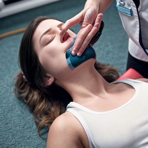 A woman lying unconscious on her back on the floor, wearing a white tank top and shorts, and a nurse performing CPR on her.