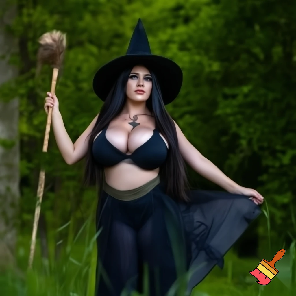 beautiful woman witch outfit, large breasts, standing barefoot, navel, large thighs, large nipples