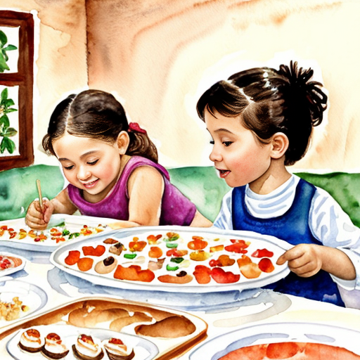 Draw a picture of children at a buffet