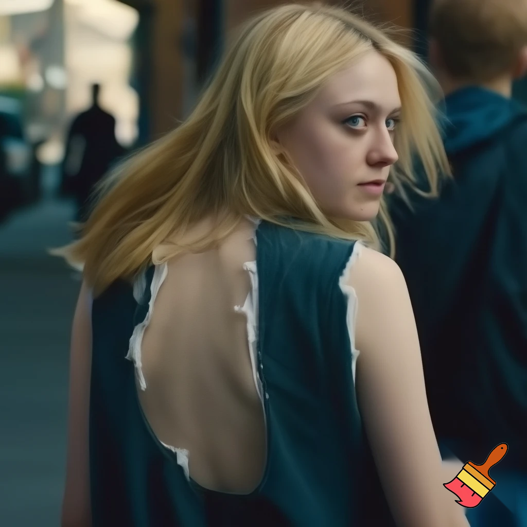 Dakota Fanning, various poses, torn clothes, street scene, close up shot, breast exposed, walking away looking over her shoulder 