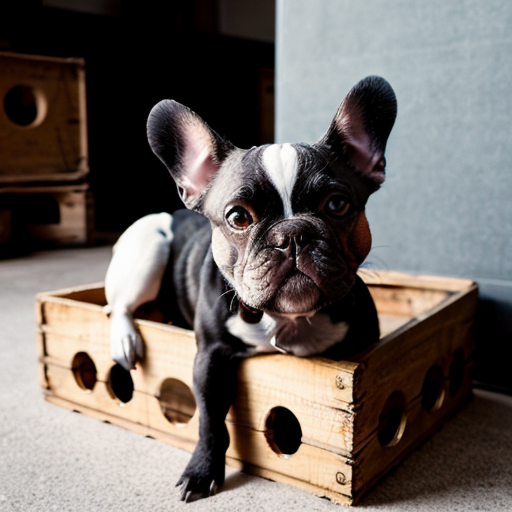 crate a image of a frenchie with a man with cerly here 