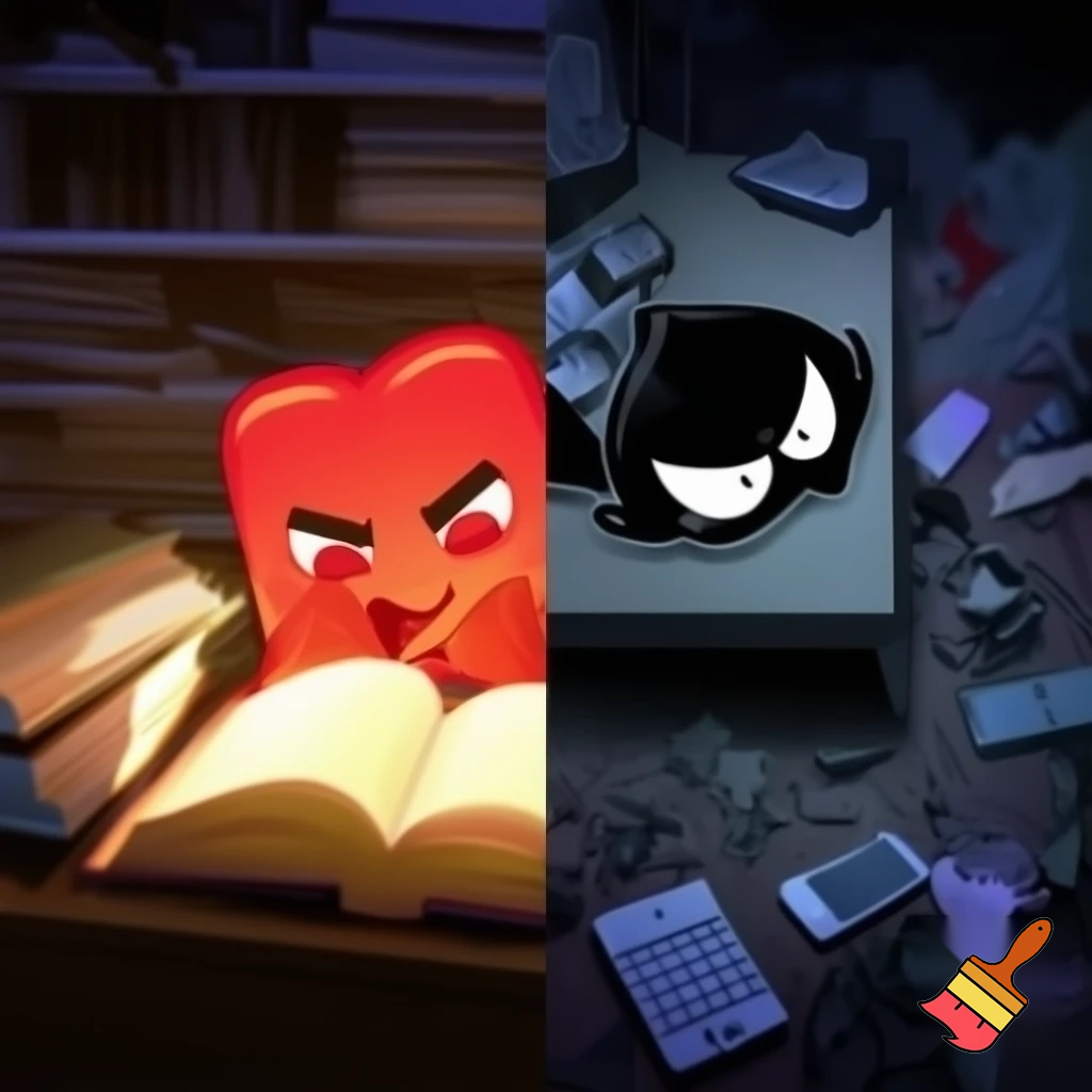 Half of the image shows a red sticker character (the good student) sitting at a tidy desk, focused, surrounded by glowing books and positive energy; the other half shows a black sticker character (the bad student) slouching at a messy desk with trash, phone distractions, and dark lighting. Dynamic contrast between success and failure, cinematic horizontal composition for YouTube thumbnail.