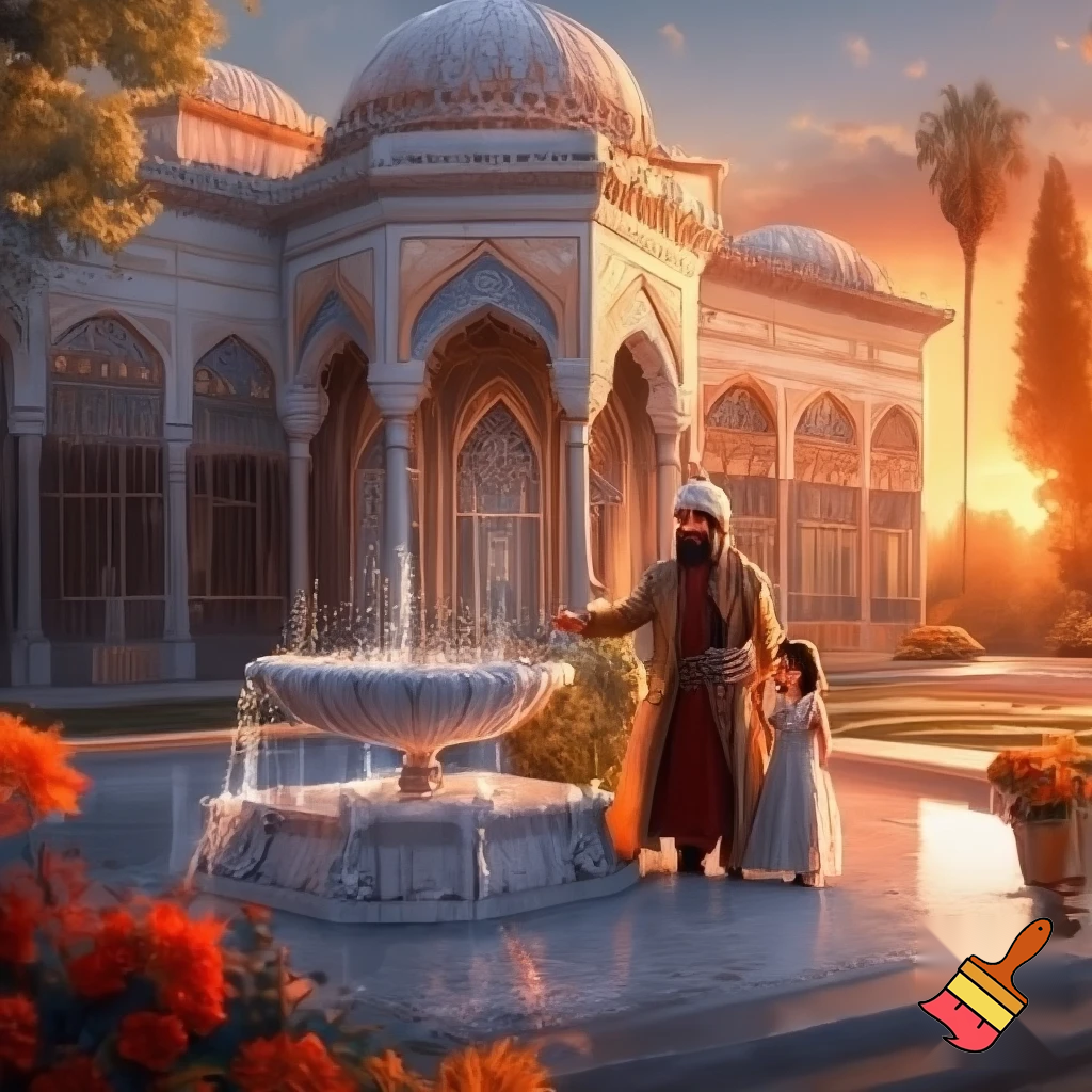 Osmanlı tarzı ihtişamlı bir saray, önünde mermer işlemeli güzel bir çeşme. Padişah ve yanındaki genç şehzade çeşmeyi inceliyor. Masalsı, parlak, sıcak tonlar.”
