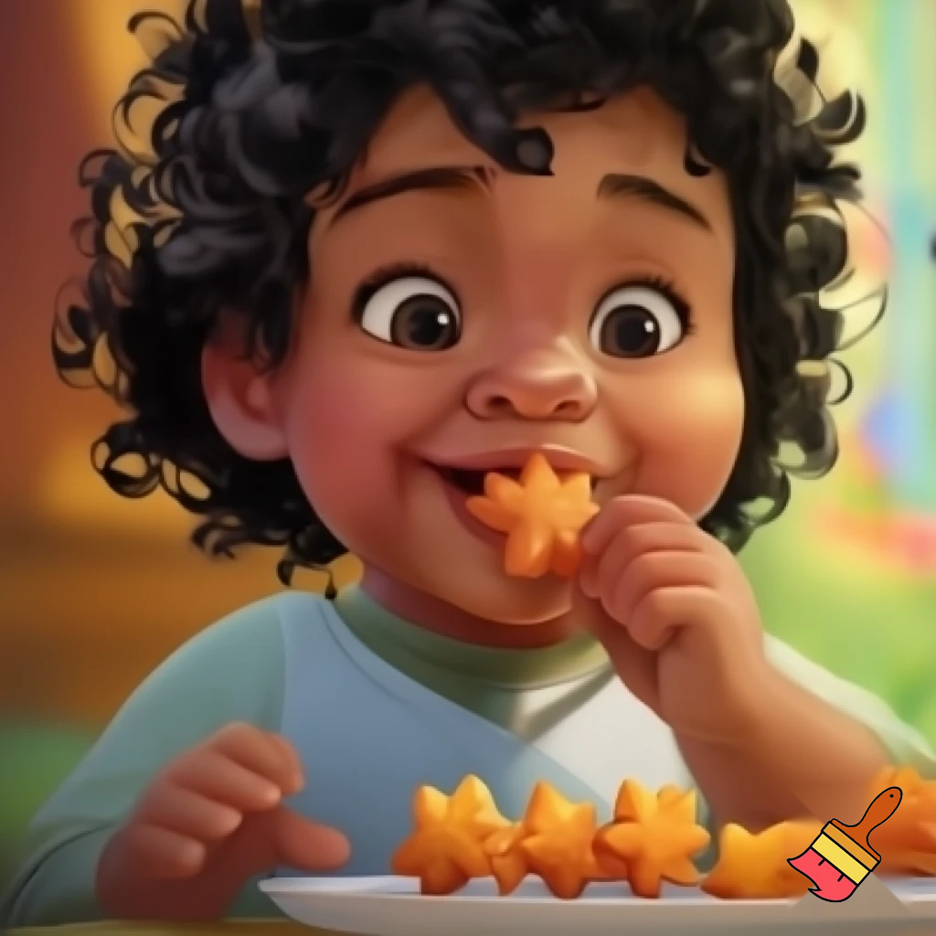 Dark skin colored kid with curly black hair in Disney animation style eating chicken nuggets shaped into stars