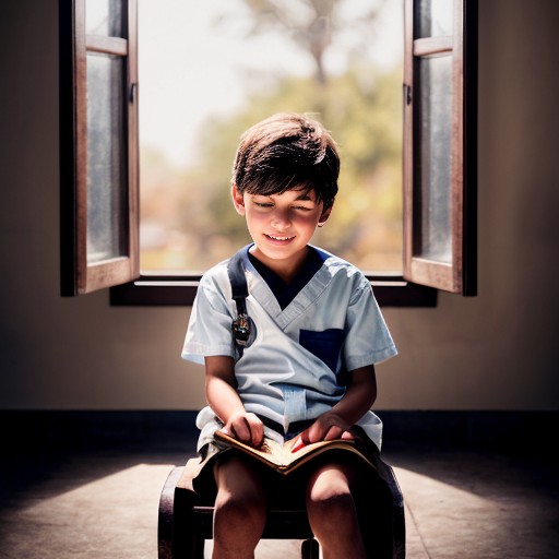 A touching painting split into two parts. Bottom half: a tired but hopeful child laborer (age 10-12) sitting at a street corner with shoeshine box, wearing simple clothes, dark gray and brown colors. Top half: magical window opening above the child showing colorful dreams - child studying at school, child playing on a swing, child with loving family celebrating birthday, child becoming a doctor. Warm golden light beams from dreams onto the child's face. A small bird sitting nearby. Contrast between dark reality and bright dreams.