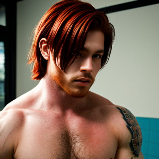 crea un ragazzo con capelli rossi  muscoloso con tatuaggi