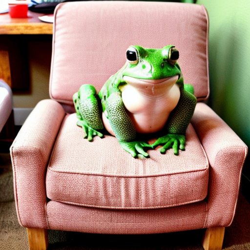 A funny radish vegetable toad sitting in a modern room chair.
