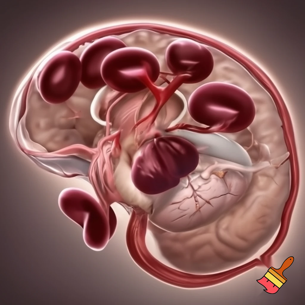 为我生成一张图片，图片中展示一个仰卧的小白鼠，在脑部、心脏、下腔静脉、后肢和肠系膜部位指示有血栓形成。