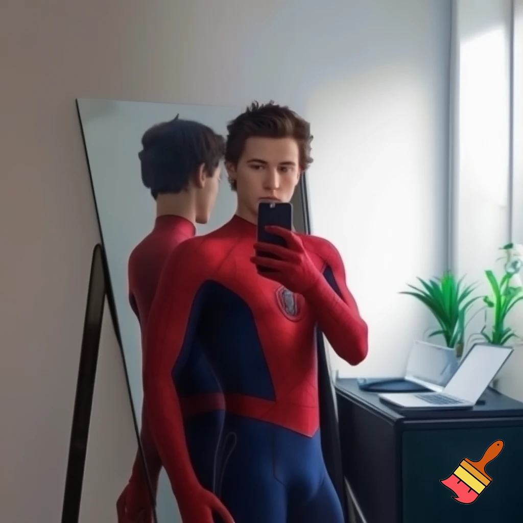 Un joven vestido con el traje de Spider-Man, sin máscara, en su elegante habitación personal. Está tomando una foto de sí mismo frente al espejo. En el fondo se ve un escritorio moderno con una laptop, algunas plantas verdes decorativas, iluminación clara y paredes de fondo claro. El espejo refleja su rostro y parte del traje. Ambiente limpio, luminoso, estilo fotográfico realista, cámara a nivel de los ojos, lente 50 mm, luz natural suave entrando por la ventana derecha.”

