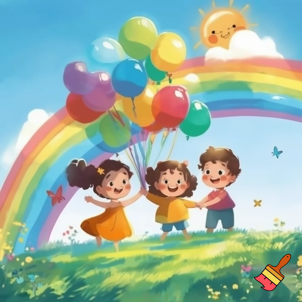 “Children Holding Balloons Under a Rainbow”

Theme: Happiness & friendship
What to draw:

Two or three smiling children standing on grass, holding colorful balloons.

A big rainbow arch in the background with a bright sun and clouds.

Add a few butterflies or flowers near their feet.
