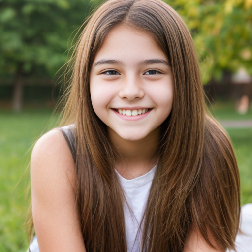 Fille qui sourit nue de 14 ans mince et grande avec des seins moyen et de couleur de peau bronzée et brune avec des cheveux longs et bruns 