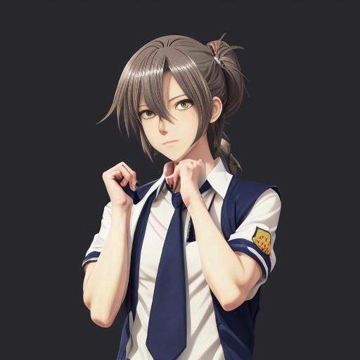 Haruka Sakura from Wind Breaker anime, male character, upper body portrait, serious and silent expression, battle-ready stance with slightly turned shoulders, hair shoulder-length, straight with slight waves at ends, left side hair white, right side hair black, hair slightly messy and flowing with motion, heterochromia eyes: left eye gold, right eye dark blue, sharp and focused gaze, natural anime skin tone, wearing standard Furin High School uniform with small tears and battle damage details, white shirt slightly rumpled, navy blazer with emblem, red necktie, hands clenched and ready for combat, anime-style gloves on hands, dynamic pose suggesting imminent action, subtle motion lines for movement, simple light-colored background, clean and sharp anime line art, vibrant and saturated anime colors, realistic shadows and highlights on hair and clothing, determined and calm demeanor, slight wind effect making hair and tie move, upper body emphasis showing shoulders and chest area clearly, faithful to original character design, intense and focused aura.