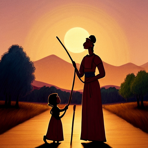 Animated scene of Suliemen Ata handing the child to the mother, standing tall with wooden staff, sunset golden light, serene and symbolic atmosphere, village in the background, warm colors, justice and wisdom symbolized, hand-drawn animation style, cinematic composition, highly detailed
