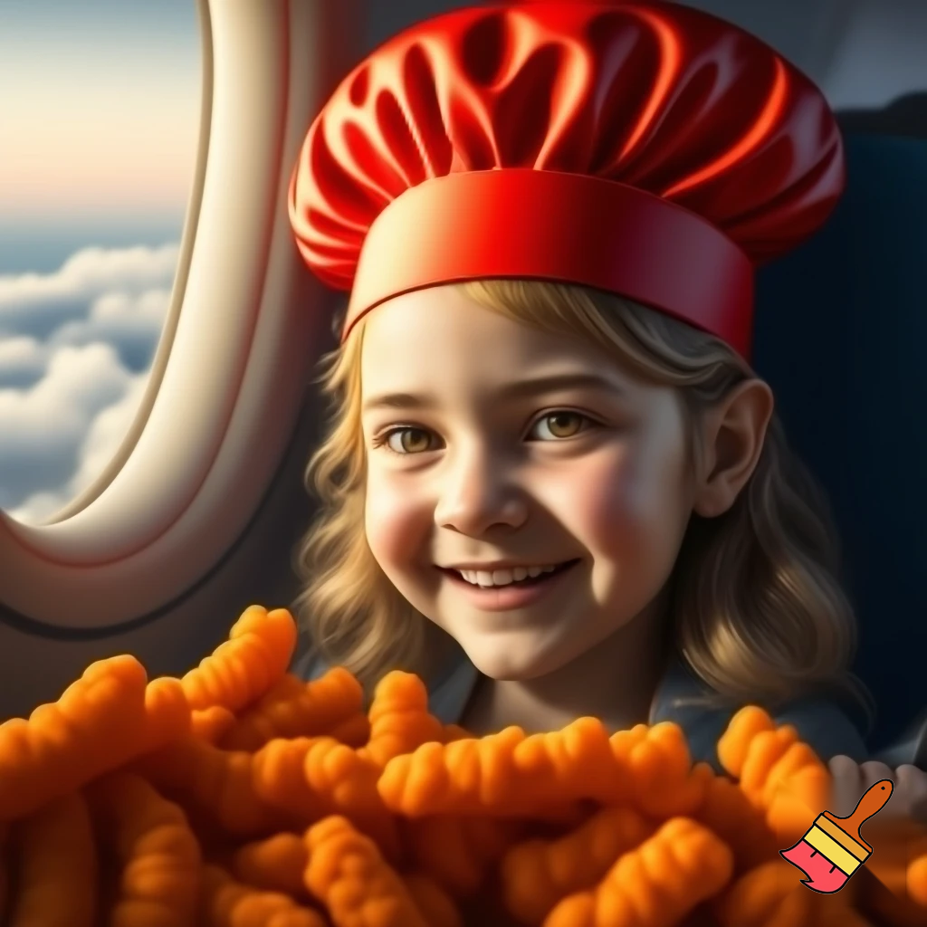 a inpoyle in  a plane is happy of a on her head she put hot cheetos on her head  when the girl done with her flit  the frog hit her head the frog go away