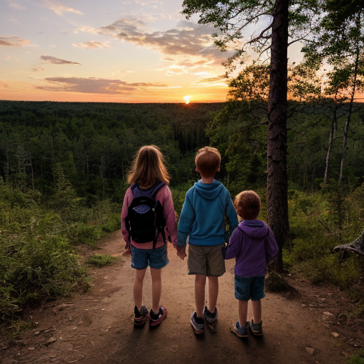 Two kids one girl one boy back to back in a forest sunset adventure  cartoon