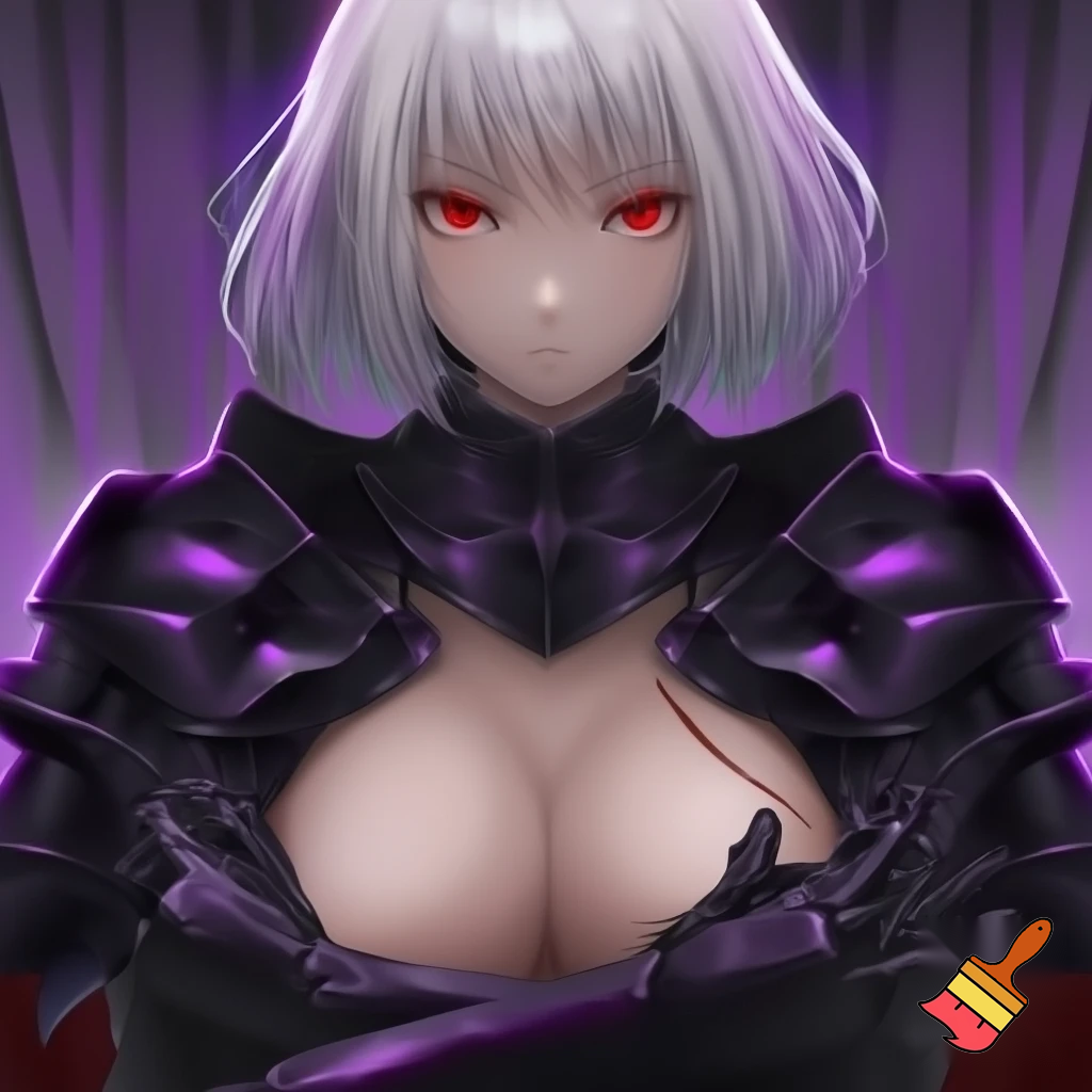 anime girl. red eyes. star in eye. white hair. short hair. serious face. big breast. her role is a warrior. her armor should be designed feminine. some parts should be naked. black armor. claymore in her both hands. claymore is black with purple light. her stance is serious. an scar on her breast. her breast is almost naked.