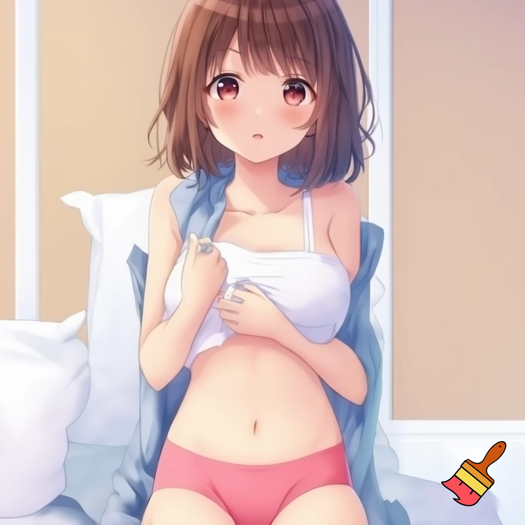 Anime girl so cool and cute with underwear clothes but her waist is so red and she is touching it make is so anime