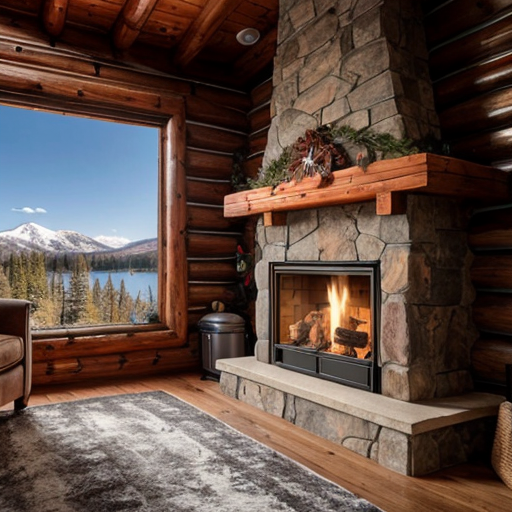 Photo in portrait mode of a warm fireplace burning in a cozy log cabin with a view of snowcap mountain overlooking a clear as crystal lake