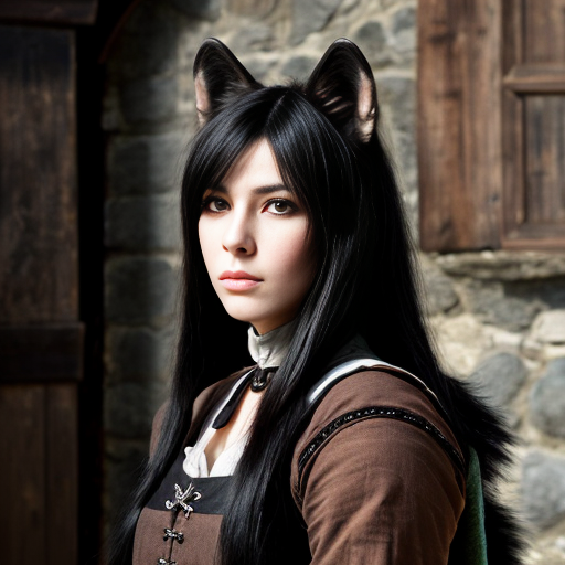 Female black wolf with long pretty black hair and purple eyes, wearing brown medieval clothes 