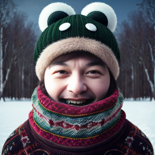A laughable, puzzled toad in woolen, multicoloured winter clothings with woolen, funny winter cap. Hyperrealistic art style.