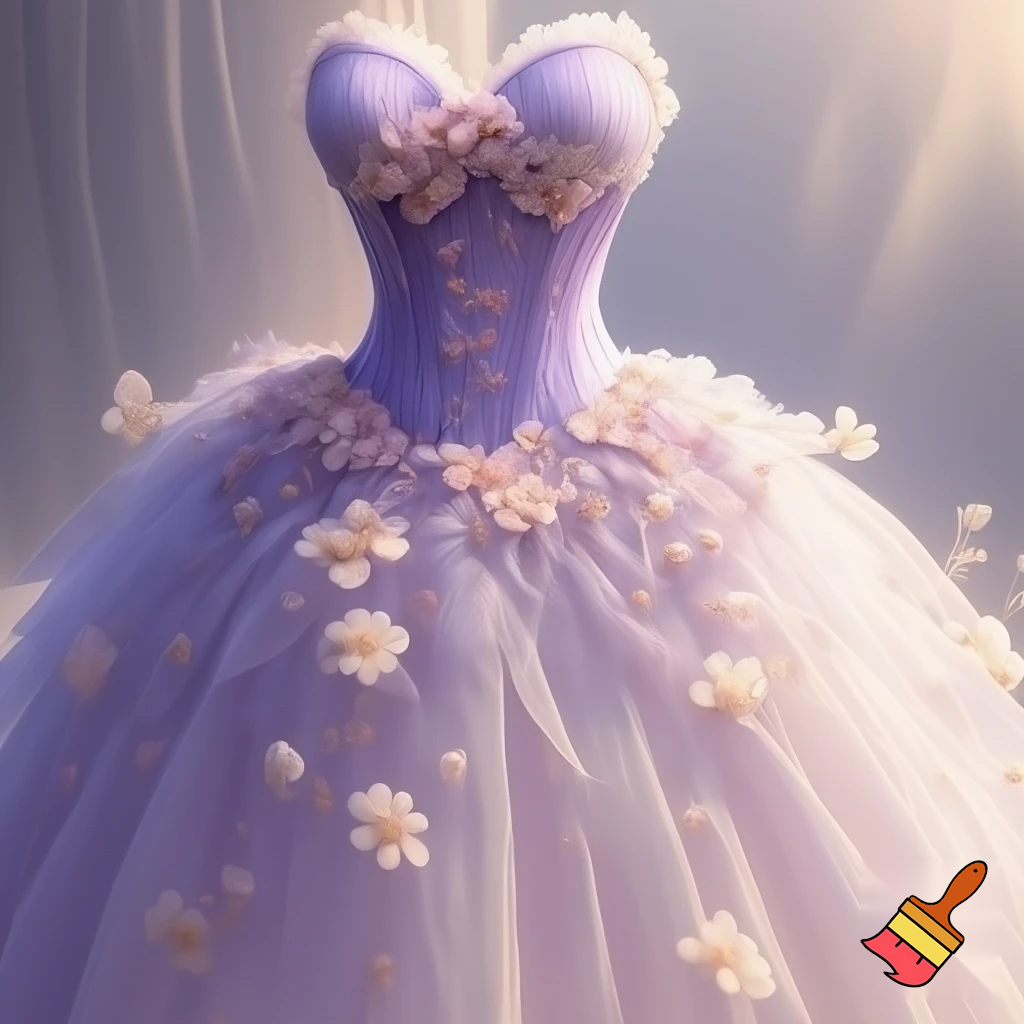 A pastel lavender gown inspired by spring flowers.
The bodice has a soft corset design with hand-drawn floral patterns fading into a light tulle skirt.
It’s romantic and delicate, perfect for garden parties or elegant weddings.