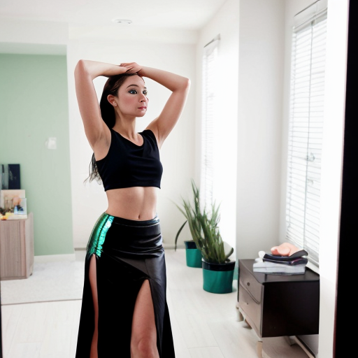 "A realistic, full-body photo of a female model posing indoors in front of a large, leaning rectangular mirror. She is wearing a sparkling, sage-green sleeveless sequined crop top and a long black skirt with high thigh slits. Her arms are raised with both hands behind her head, elbows pointing out, and she is looking slightly to the side. The mirror reflects the back of her outfit. The room has plain white walls and a black-and-white geometric tiled floor. Natural lighting, high definition."
