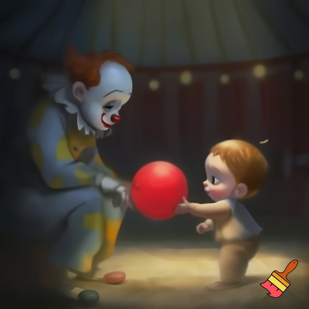 A child reaches out to give the sad circus clown his ball.