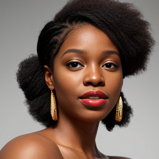 Generate an art-portrait of a young African American woman, resembling Whitney Houston, with a spiral afro hairstyle. She wears a copper-orange satin off-the-shoulder top, red lipstick, and sapphire earrings. The image has a background with gold fragments that look like gold leaf.
