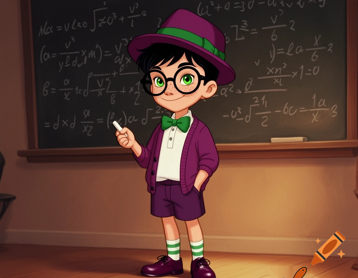 A scene from a 1980's animated Don Bluth movie of a little boy with pale skin, green eyes, freckles, short black combed-back hair, wearing a plum purple trilby hat with a green band, big round black glasses, a white short-sleeved polo shirt with a plum purple cardigan sweater over it, a green bowtie, darker plum purple shorts, white & green striped socks, and darker plum purple oxford shoes, holding a piece of chalk in his hand, and standing in front of a chalkboard with a ton of equations written on it, with a smug smile on his face.