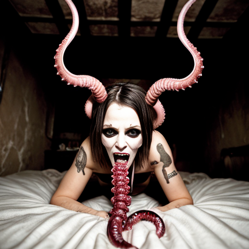 A photorealistic, high-detail cinematic shot of a woman lying on a messy white bed, looking up in terror. Thick, fleshy, worm-like tentacles are coiled around her body and emerging from under the sheets. The room is dimly lit with a deep red and muddy brown color palette. Hanging from the ceiling are grotesque, elongated demonic skulls with curved horns and dripping organic matter. On the back wall, a distorted religious icon and a crucifix are mounted. The atmosphere is heavy with dark surrealism and analog horror vibes. 8k resolution, highly detailed skin textures, dramatic shadows, grimy wall textures