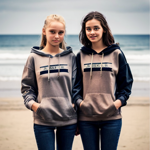 Create an image of two sisters standing next to each other. One of them, the old one, has brown hair and blue eyes. She is around 18 years old and her sisters head goes up to her neck. Her hair is long and silky. The younger sister has blonde hair and blue eyes. She is 13 years old. They are both wearing packing hoodies and baggy black jeans. The hoodies are dusky grey with your Australian flag on them however the jumpers have an old retro sort of vibe. They are at the beach. They have their Arms around each other they are both very beautiful 
