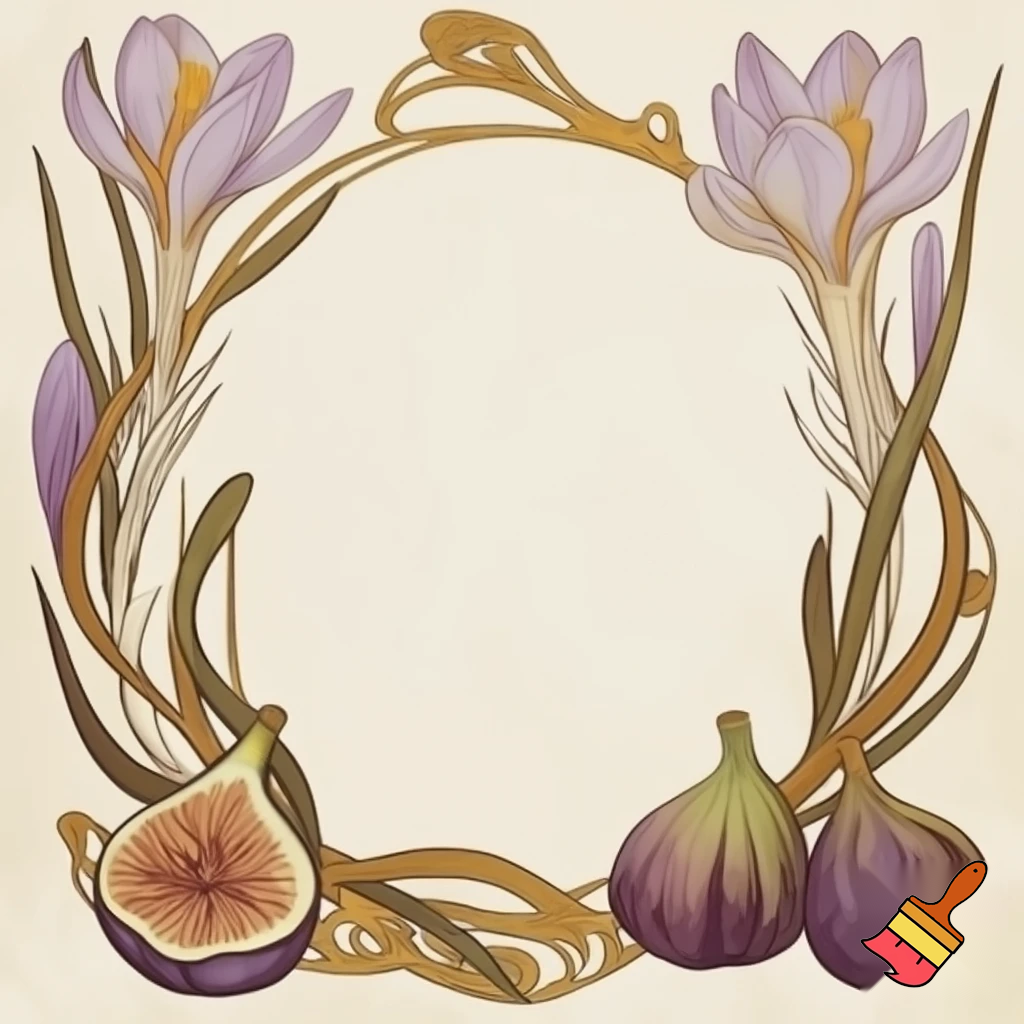  Reate a golden border frame made of  twining crocus flowers and fig fruit in the style of Vintage botanical line art with light Art Nouveau ornamentation.