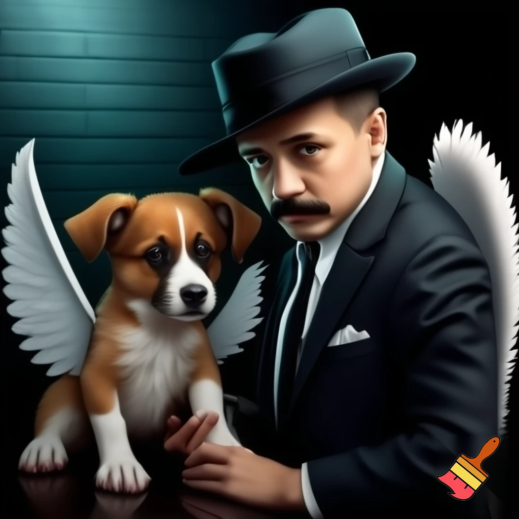 Gangster looking young dog with angel wings