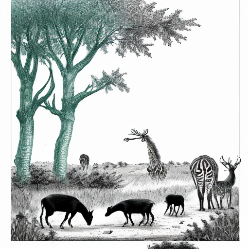 black-and-white illustration, pencil-like, depicting wildlife in a forest, layout vertical