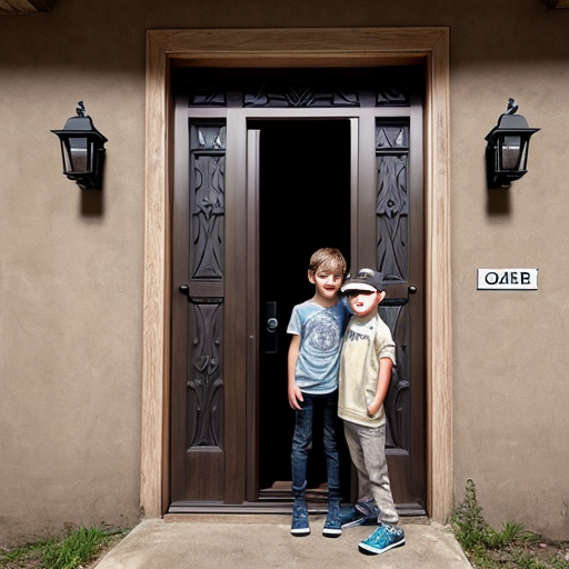 A door with weird mystical engravings and a girl and boy standing in front of it.