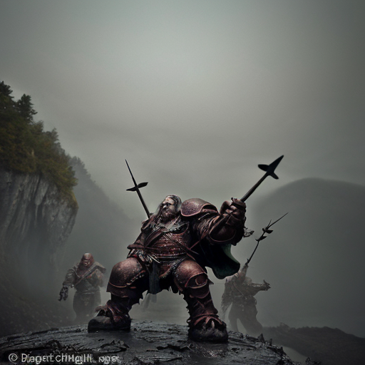  dark fantasy: a grim band of dwarves in battered iron armor, caked with mud and frost, strain at the winch of a colossal ballista crafted from blackened oak and corroded iron at the foot of a somber mountain fortress; a massive crossbow bolt with a jagged iron tip launches from the weapon's frame with a splintering crack, soaring upward through low-hanging grey clouds toward a colossal dragon with scales the color of weathered basalt and broken horns, hovering in the mist above a deep ravine; the dragon's leathery wings stretch wide, its eyes glowing with a dull crimson light in the gloom; around the dwarves—wet stone walls slick with moisture, fog clinging to battlements, raindrops dripping from thick beards; cold color palette: slate grey, charcoal black, deep moss green, muted burgundy; cinematic low-angle shot, stark chiaroscuro lighting, atmosphere of desperation and grim resolve, highly detailed textures of rusted metal and damp stone, no text on image