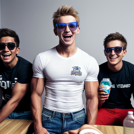 5 Jacked strong lean teen men wearing sunglasses and all of them are wearing white t shirt with dark blue jeans and they are all smiling and laughing in a dark room with party lights on (no one else in the room) (2010s color photo) (realistic photo with a slight shaky effect) and it looks like there is soda on the table. 