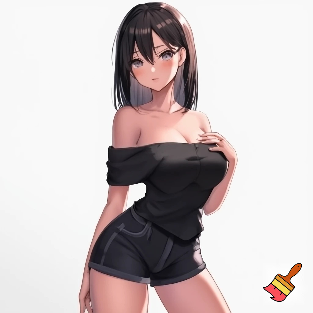 Anime girl 20 years old so cool and cute is dressing a of shoulder dress and it’s very revealing and very cool short black jeans is standing in white screen make is so anime
